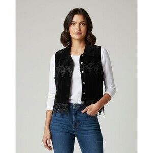 Stonebridge Petites Womens Small Black Velvet Applique Vest Boho Goth Style